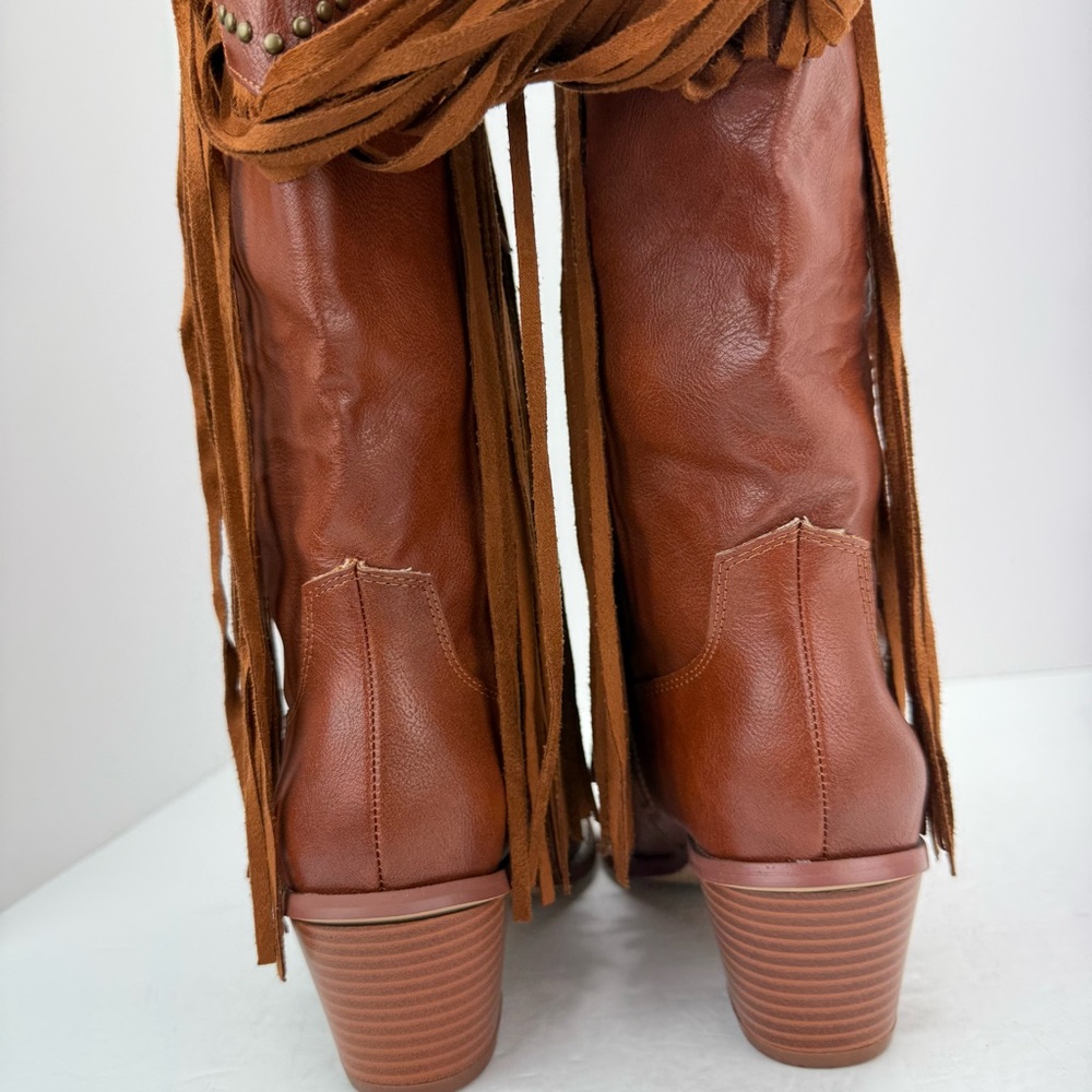Styleloop size 7 Women’s Tan Faux Leather Studded Fringe Western Cowboy Boots - Picture 8 of 15